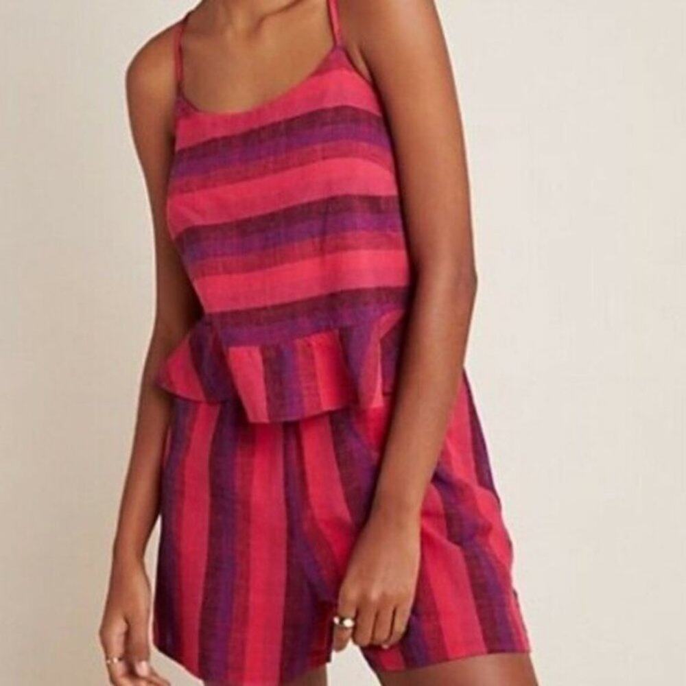 Anthropologie Amadi Linen Blend Romper Stripes Pink Ruffle Size Small NEW